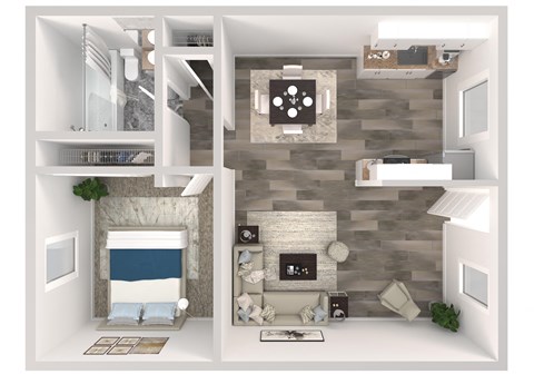 a furnished floor plan of a 1 bedroom apartment
